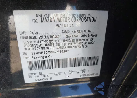 2006 Mazda Mazda6 I z USA, uszkodzony, nr VIN 1YVHP80C865M69267